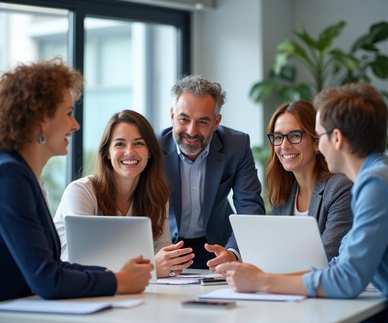 El equipo diverso de Viajemos Aura colaborando en una oficina luminosa.