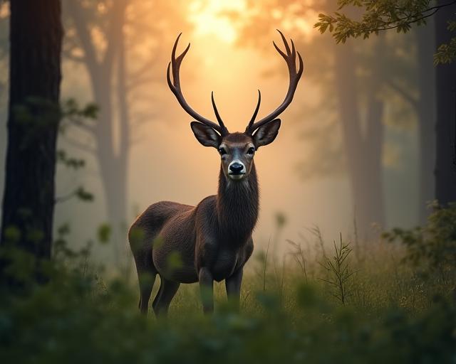 Ciervo majestuoso en un bosque al amanecer, representando la observación de fauna.