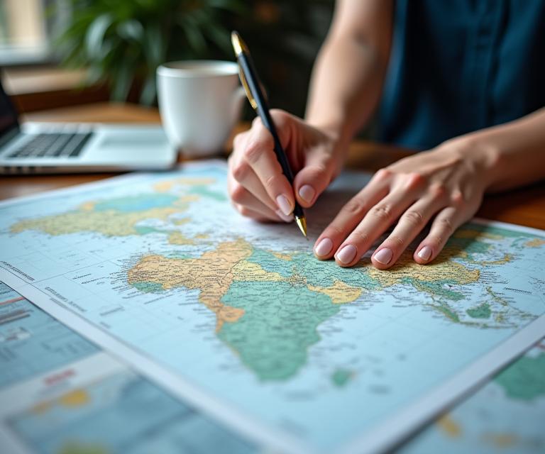 Experta planificando un itinerario de viaje personalizado en un mapa detallado